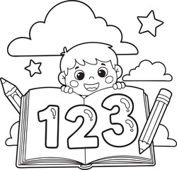 Adorable child peeking over open book with numbers 123 and pencils ready for school