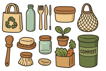 Eco friendly lifestyle objects set. Zero waste elements collection. Sustainable living, recycling, composting concept. Reusable containers, bags, cutlery. Vector illustration.
