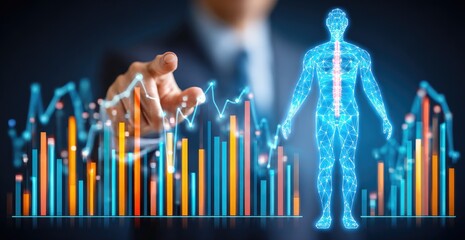 Businessman points to data graphs overlaying a digital human model