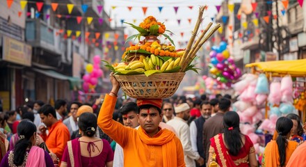 Fototapeta premium Indian man carrying Chhath Puja offering basket of fruits and sugarcane on head in crowded festive street, symbolizing devotion, tradition, and Hindu cultural festival celebration.