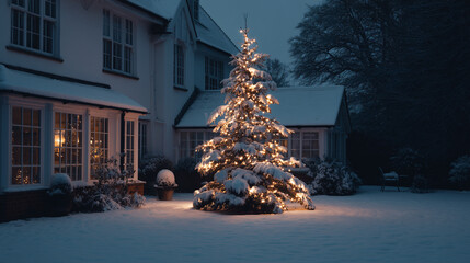 Ai snow-covered yard showcases a beautifully lit Christmas tree in a serene winter evening setting