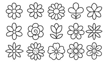 Set of diverse flower icons in a simple doodle cartoon style. Collection of black and white floral outline shapes for design, decoration, and art projects. Minimalist vector.