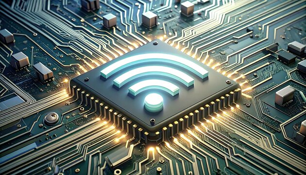 Circuit board with glowing wifi chip