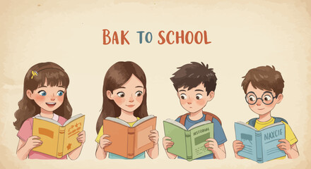Cheerful children with books illustration for educational purposes and learning concept
