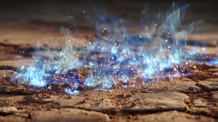 A ghostly translucent plume of smoke rising from cracked earth, illuminated by ethereal blue light