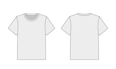 Blank white t shirt, front and back view, template for design mock up. Apparel flat outline for fashion project. Vector
