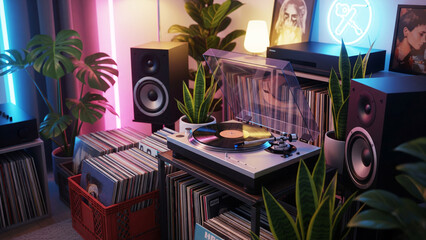 Cozy Vinyl Record Listening Room with Plants and Neon Lights