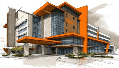 Modern architectural rendering of a multi-story medical facility with vibrant orange accents