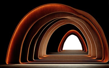 Obraz premium Dark wooden arches, glowing light, tunnel