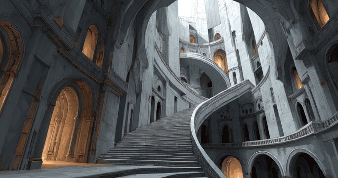 Ancient, spiral staircase in a grand, light-filled hall - Powered by Adobe