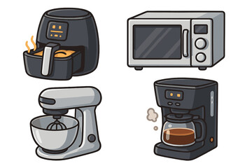 Set of modern kitchen appliances vector illustration. Collection of household cooking equipment icons. Air fryer, microwave, stand mixer, and coffee maker cartoon style.
