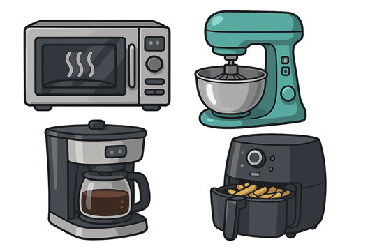 Vector cartoon illustration set of modern kitchen appliances. Microwave, stand mixer, coffee maker, air fryer icons. Concepts of cooking convenience, home tech, food preparation.
