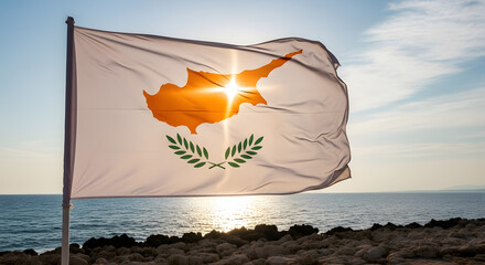 Cyprus Flag Waving Against Sea and Sky, Sunlight