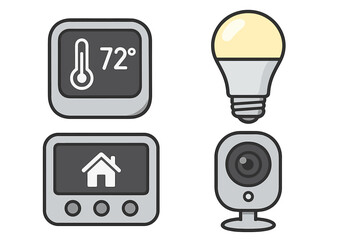Smart home devices icon set. Vector cartoon illustration of temperature control thermostat, smart lighting, security camera, and control panel for home automation system.