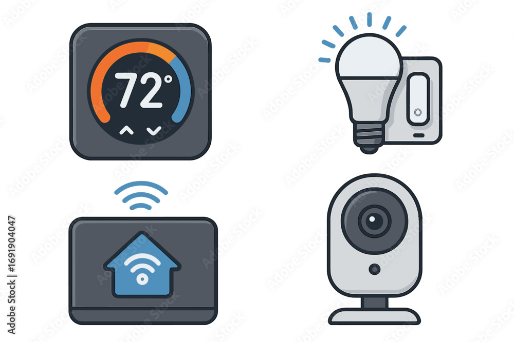 Poster smart home technology vector icon set. internet of things (iot) devices for home automation system. 
