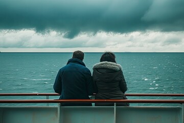 Traveling by ferry or ship - couple on deck looking at the horizon in cold weather