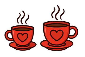 Two red coffee cups with heart design and steam. Concept of love, romance, date. Hot drink, coffee or tea mug for breakfast. Vector cartoon illustration for Valentine's Day.