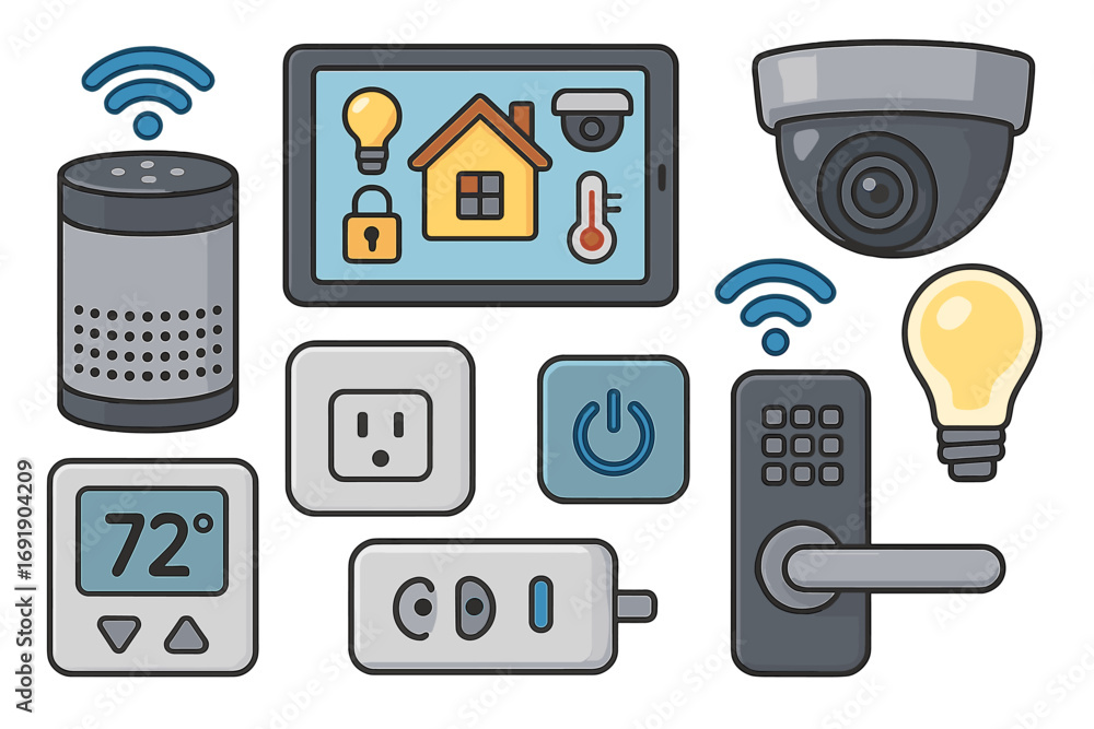 Poster smart home automation technology vector icon set. internet of things (iot) concept with devices like