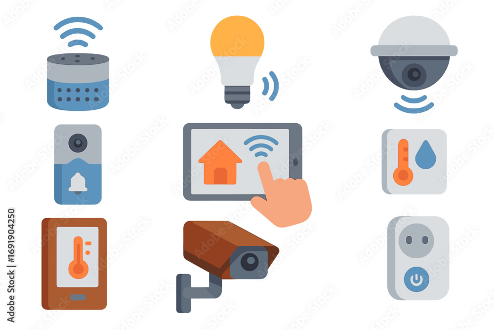 Poster smart home icon set for home automation system. internet of things (iot) concept with smart devices.