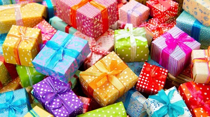 A joyful pile of colorful gift boxes tied with playful ribbons, evoking childhood excitement and wonder