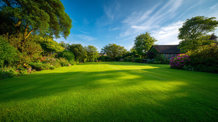 Lush green lawn garden trees blue sky sunlight house peaceful summer landscape nature
