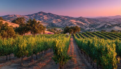 Panoramic vineyard at dawn, rolling hills