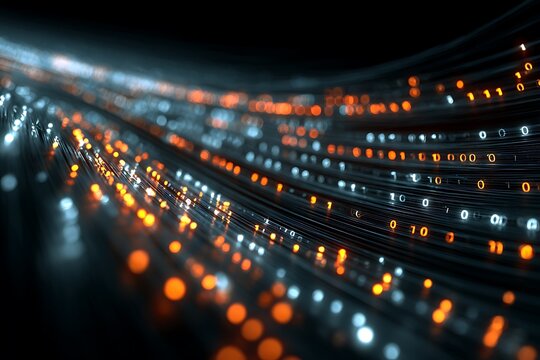 Dynamic digital stream of glowing binary code data flowing through futuristic fiber optics, representing information transfer and connectivity in the digital age. - Powered by Adobe