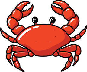A vibrant red cartoon crab with its claws raised in a playful or defensive gesture, set against a plain white background, symbolizing the ocean and its fascinating marine life