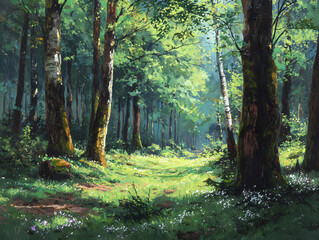 Obraz premium Forest painting of trees, sunlight, and path