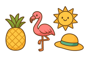 Tropical summer elements featuring pineapple, flamingo, cute sun, and yellow beach hat, playful cartoon vector illustration for summer vacation, travel, and beach themes