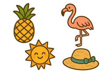 Tropical summer elements with pineapple, flamingo, smiling sun, and summer hat. Cute vector cartoon illustration for beach, vacation, holiday themes, tropical decor