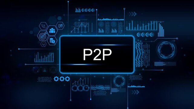 P2 P network technology concept digital interface with data charts and icons representing finance communication and analytics in a futuristic blue glow