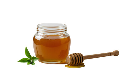 Amber Honey in a Clear Glass Jar with a Wooden Dipper and Fresh Green Leaves