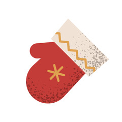 Christmas red mitten with festive pattern. Vector geometric illustration of traditional Christmas decor 