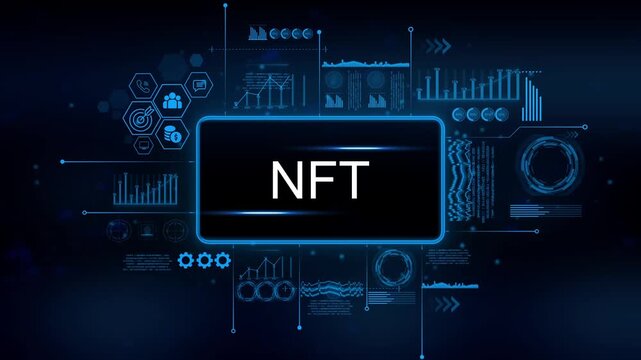N F T digital art marketplace blockchain technology abstract futuristic interface with data analytics charts and financial icons for cryptocurrency investment and decentralized finance concepts