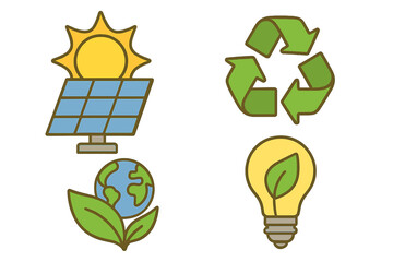 Sustainable energy icon set with solar panel, recycling symbol, green earth, and eco lightbulb. Ecology, environment, and conservation concepts for a clean renewable future.