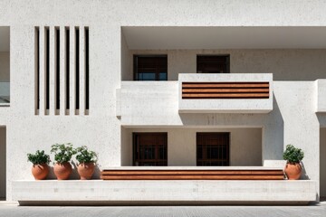 Modern apartment building facade with light beige stone