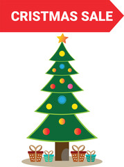 Merry Christmas Sale tag with a decorated fir tree, presents, and a golden star on a snowy winter background