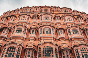 Facade of Hawa Mahal, Palace of Winds with Ornate Windows in Jaipur, Rajasthan, India