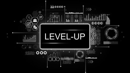 Level Up Business Growth Success Futuristic Technology Data Analysis Charts Graphs and Icons Representing Progress Strategy and Achievement - Powered by Adobe