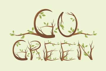 Go Green typography design created from tree branches and green leaves. Eco-friendly concept illustration for environment, sustainability, and nature conservation.