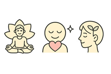 Mindfulness and personal growth icon set. Mental health, self love, and emotional wellness concept. Meditation, yoga, and positive mindset symbols. Vector icon collection.