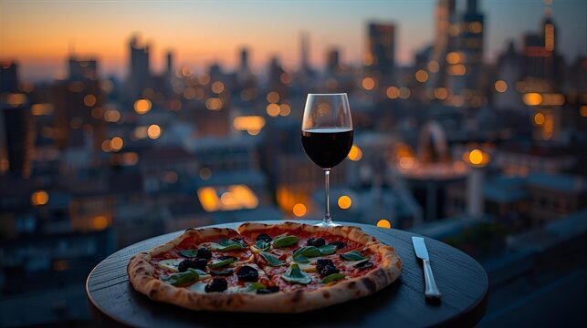 Gourmet pizza and a glass of red wine on a rooftop terrace overlooking a sparkling city skyline at twilight - Powered by Adobe