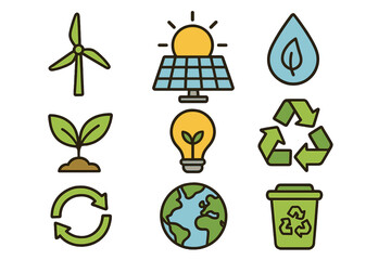 Renewable energy and sustainability icon set. Green ecology concept with symbols for solar power, wind turbine, recycling, and planet earth. Eco-friendly vector collection.