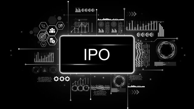 I P O Initial Public Offering Digital Interface Financial Growth Stock Market Investment Technology Data Analysis Business Launch Strategy Corporate Finance Global Economy Futuristic H U D