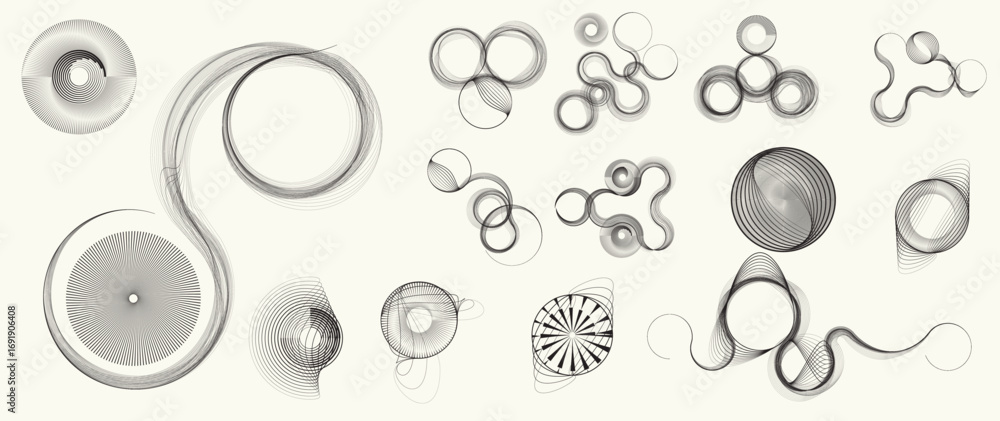 Poster Collection of vector design elements. Set of logos with lines, spirals and circles. Various forms of line and dots design.Vector logo collection. Bundle of circle icons and elements. Set of lines art.