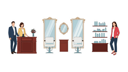 Professional hairstylists and clients in a modern salon with styling chairs mirrors and beauty product shelves showcasing a clean and inviting atmosphere