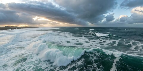 Dramatic ocean waves crash against the shore under a stormy sky with sunlight breaking through the clouds.