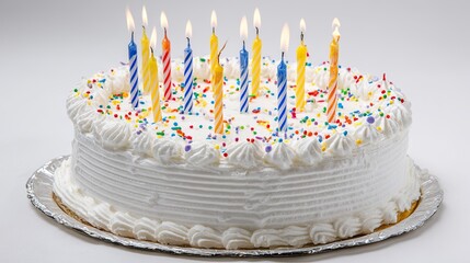 Festive birthday cake with decorative icing showcased in a clean, professional studio setup