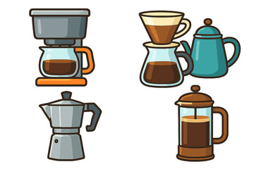 Various coffee brewing methods icon set. Colorful illustrations in modern design style. Vector cartoon of drip machine, French press, moka pot, and pour-over coffee maker.